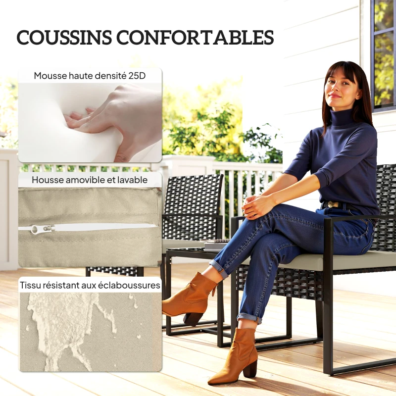 Outsunny Salon de jardin extérieur en résine tressée 2 personnes, table de jardin avec 2 chaises, plateau en verre trempé, marron