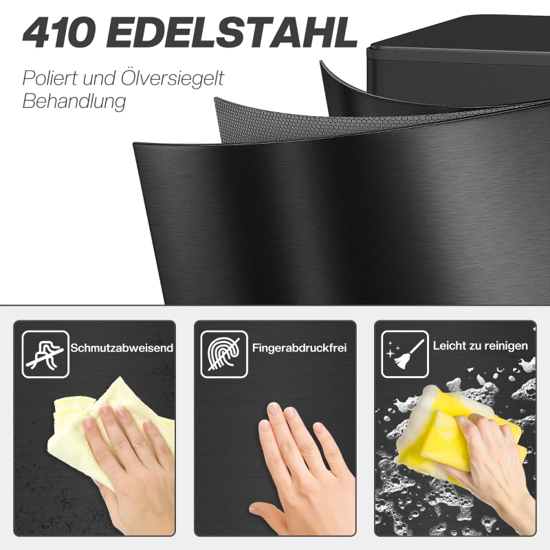 HOMCOM Mülleimer 20L, Soft-Close-Deckel, Deodorant-Fach, Fingerabdrucksicher, Edelstahl, Schwarz