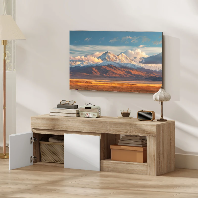 HOMCOM Meuble TV 2 portes pour téléviseurs jusqu'à 60 pouces, meuble télé avec placard et étagère ouverte, effet bois naturel