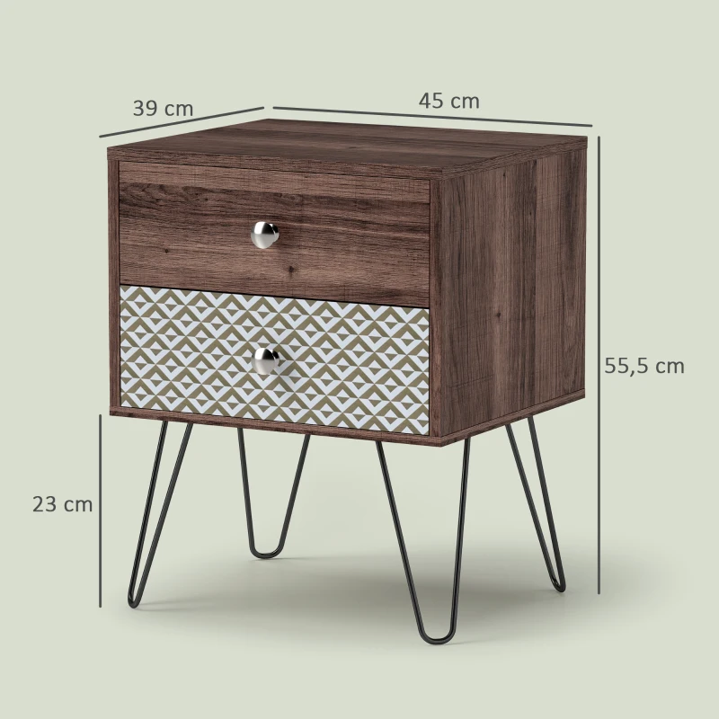 HOMCOM Mesa de Cabeceira com 2 Gavetas Pés de Aço Estilo Boémio Mesa de Cabeceira para Quarto Sala de Estar 45x39x55,5 cm Marrom