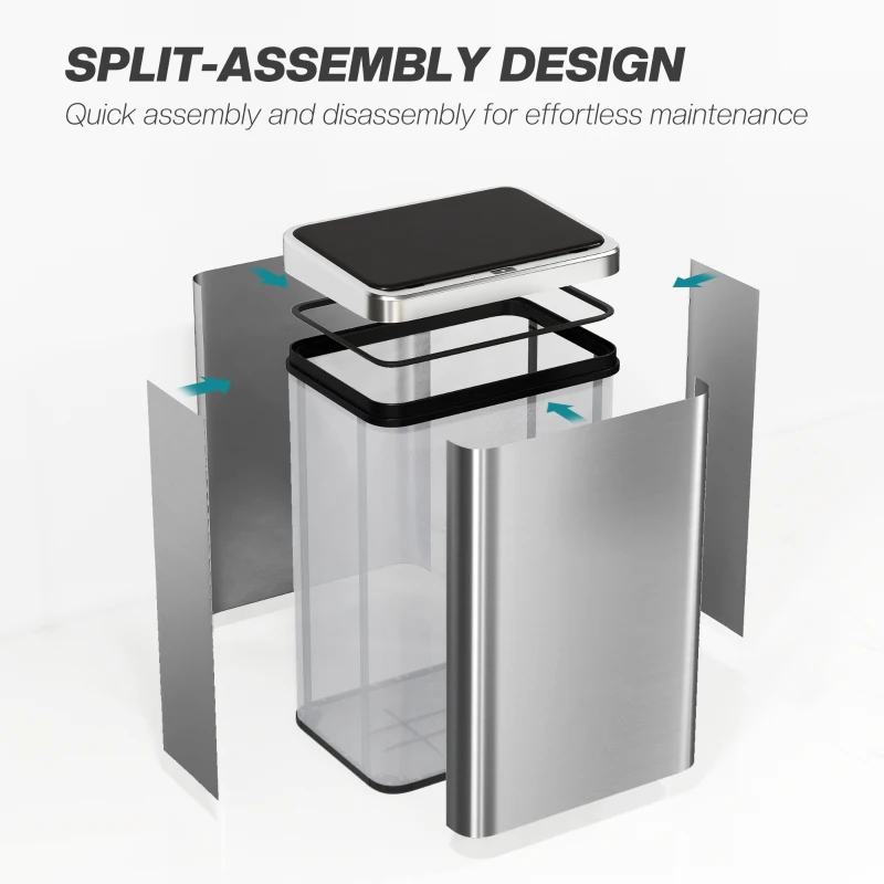 HOMCOM 40L Sensor Bin with Quiet Soft-Close Lid, Automatic Touchless Motion Sensor Kitchen Bin with Fingerprint Resistant Stainless Steel for Hygienic Gyms, Home Office Use, Silver Tone