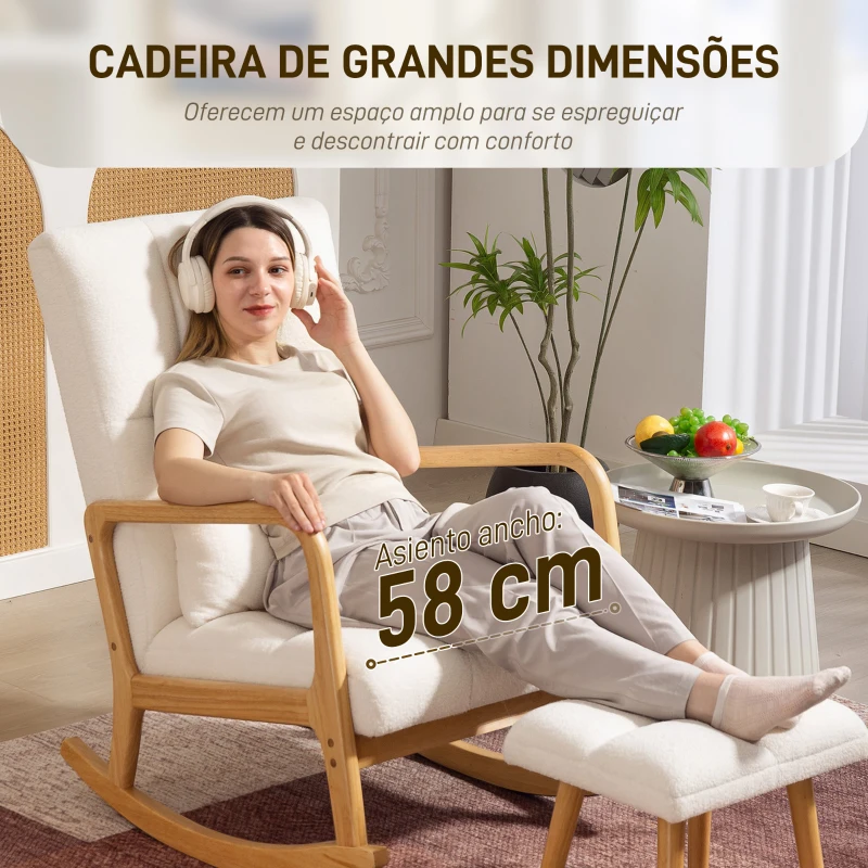 HOMCOM Poltrona de Baloiço com Apoio para os Pés Estofado em Bouclé com Almofada Acolchoada Encosto Ergonómico Apoios de Braços e Pés de Madeira 64,5x82x89 cm Branco