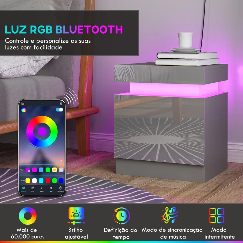 HOMCOM Mesa de Cabeceira com Luz LED Painel de Alto Brilho 2 Gavetas e Controlo Remoto para Dormitório 45x35x52 cm Cinzento