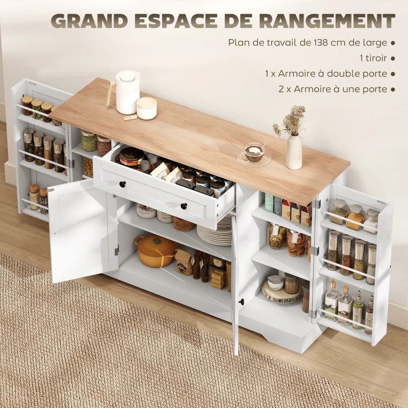 HOMCOM Buffet cuisine, meuble de rangement avec tiroir, 4 portes, étagères réglables et 6 racks de porte, 138x40x83,5cm, blanc