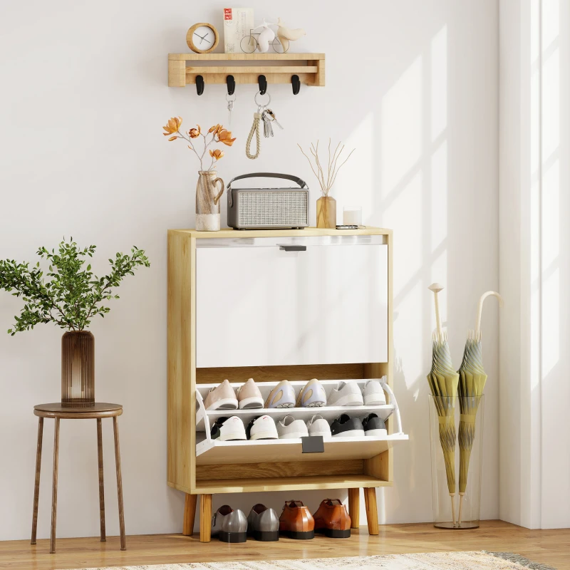 HOMCOM Sapateira Estreita com 2 Portas em Branco Brilhante e Estantes Ajustáveis Pés de Madeira para 12 Pares de Sapatos 60x24x91 cm