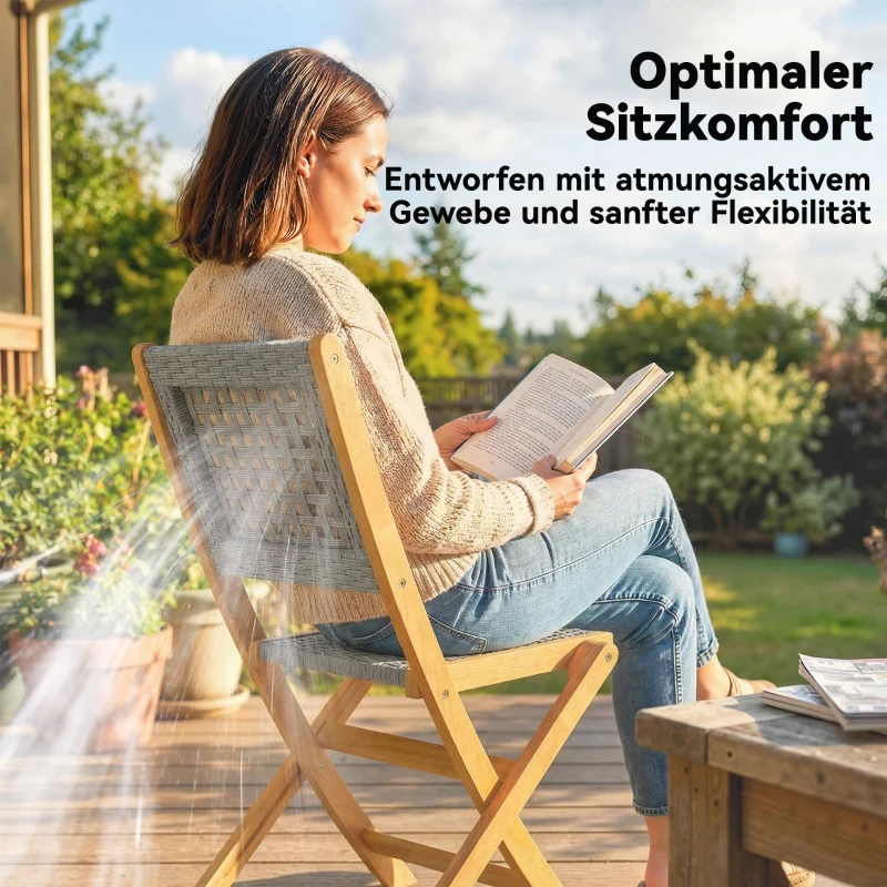 Outsunny Gartenstühle 2 Stück FSC Klappstuhl mit Atmungsaktiv Sitz angenehme Sitzhöhe aus Massivholz & Polyrattan