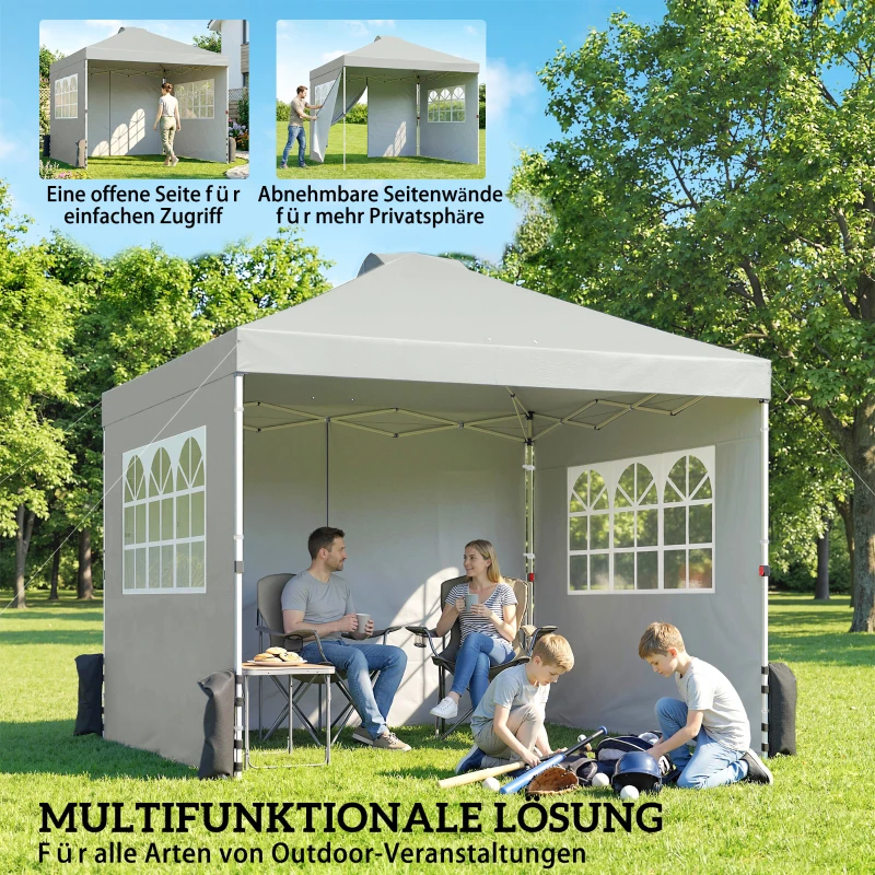 Outsunny Pavillon ca. 3x3 m Wasserdicht Höhenverstellbar Pop-up Faltpavillon mit 3 Seitenwänden Fenster Lüftung, UV 50+ Hellgrau
