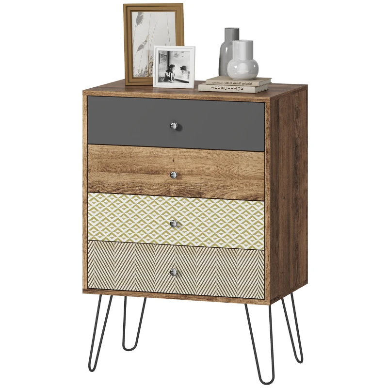 HOMCOM Cómoda 4 Gavetas Cómoda para Quarto com Pés em Forma de V de Aço Estilo Boémio 60x39x86 cm Multicor