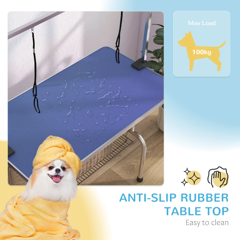 PawHut Metal Adjustable Dog Grooming Table Rubber Top 2 Safety Slings Mesh Blue