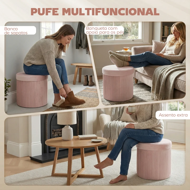 HOMCOM Puff de Arrumação Banco de Arrumação Dobrável 35 L 38x38x38 cm Estofado em Veludo Baú de Arrumação Redondo Rosa