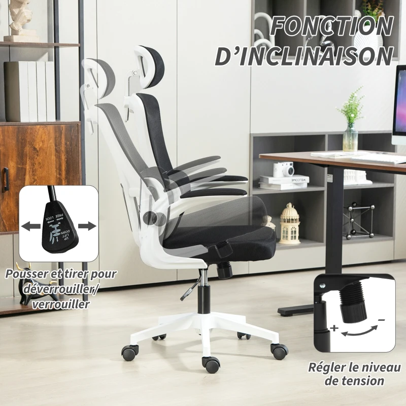 Vinsetto Fauteuil de bureau pivotant 360° avec appui-tête réglable et support lombaire - hauteur d'assise réglable noir
