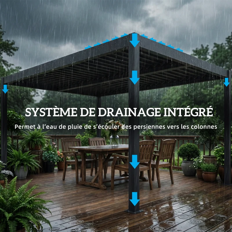 Outsunny Pergola bioclimatique 4x3m, pergola aluminium, lames orientables, manivelle, protection soleil, imperméable, gris foncé