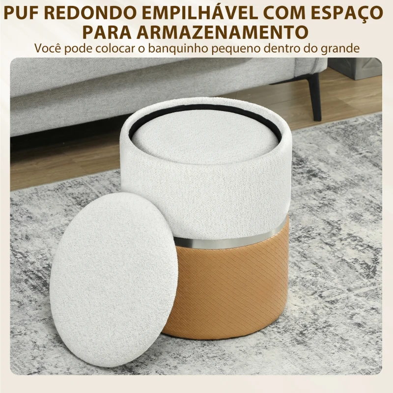 HOMCOM Conjunto de 2 Puffs de Armazenamento Estofados em Chenille e PU Assento Acolchoado para Entrada Quarto ou Sala Castanho e Creme