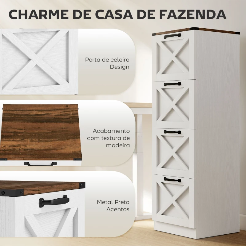 HOMCOM Móvel para Escritório com 4 Gavetas com Trilho Suspenso para A4 e Carta 40x40x131 cm Branco