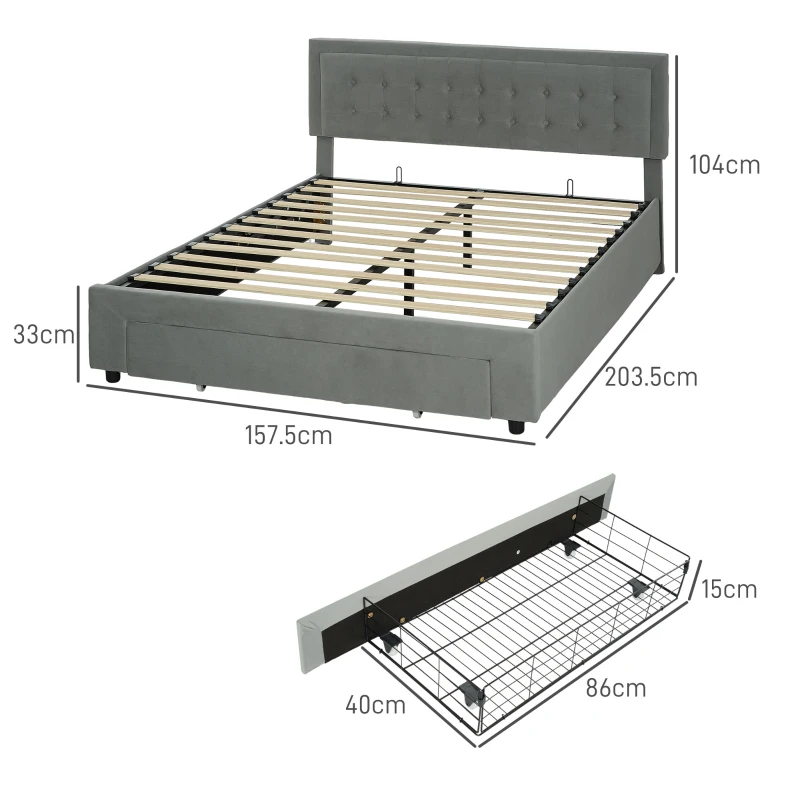 HOMCOM King Size Ottoman Bed Frame, with Front Drawer - Grey