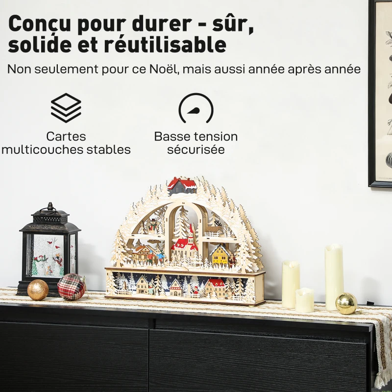 HOMCOM Village de Noël lumineux avec 20 LED, village de Noël animé en arc, fonctionne sur piles, 45 x 10 x 35 cm, bois naturel