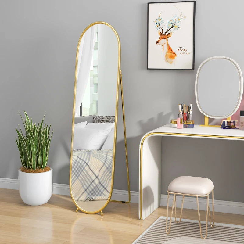 HOMCOM Espelho de Pé Oval 160x40 cm Espelho de Corpo Inteiro com Moldura Metálica Suporte e 2 Formas de Utilização Dourado