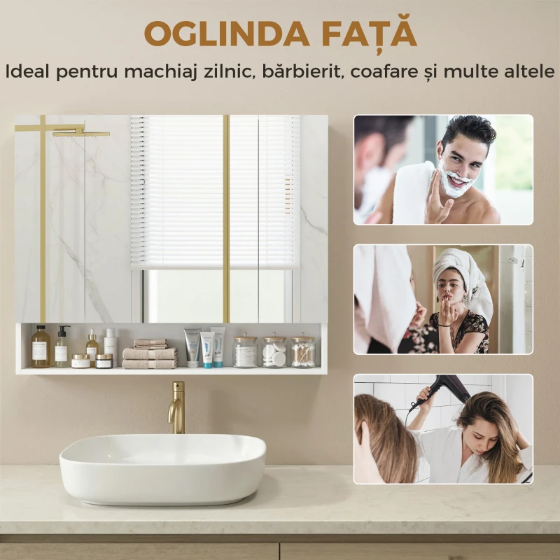 kleankin, Dulap cu Oglindă, 3 Uși Soft Close și Rafturi Reglabile, MDF, sticlă, 90 cm x 15 cm x 75 cm, Alb