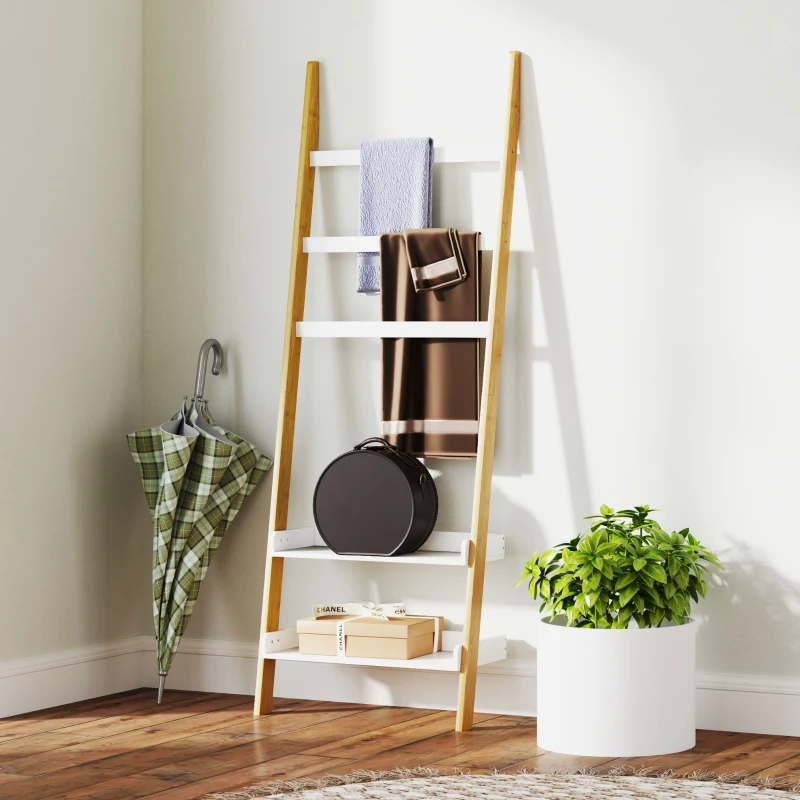 HOMCOM Étagère de rangement étagère échelle avec 2 étagères et 3 porte-serviettes pour chambre à coucher et salon, blanc