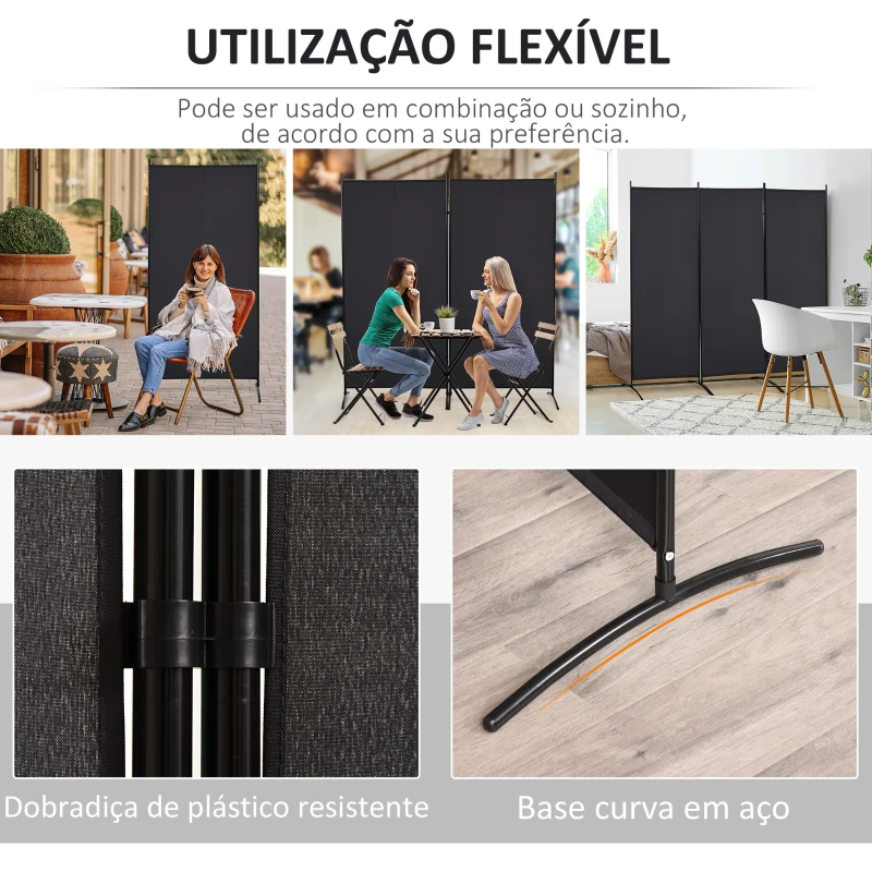 HOMCOM Biombo de 3 Paineis Separador de Ambientes Dobrável Biombo de Privacidade com 6 Pés de Metal 253x50x182 cm Preto