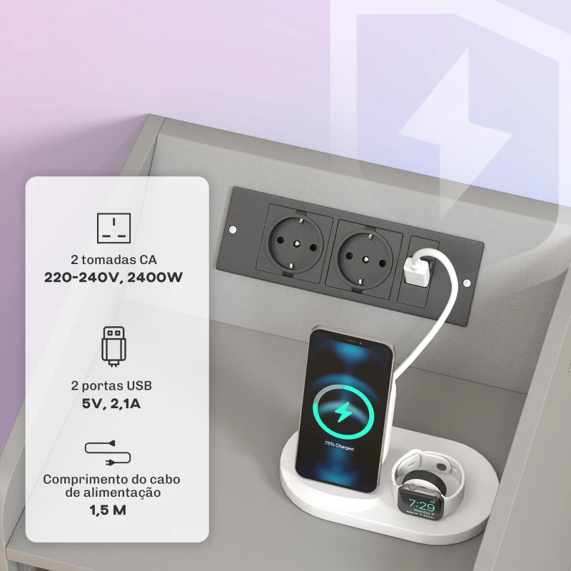 HOMCOM Mesa de Cabeceira com Luzes LED Gaveta Prateleira Estação de Carregamento Entrada USB e Controlo Remoto 40x40x58 cm Cinzento