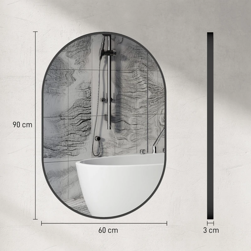 HOMCOM Espelho Casa de Banho Ovalado 60x90 cm Espelho Decorativo de Parede com Estrutura de Alumínio para Sala Corredor Preto