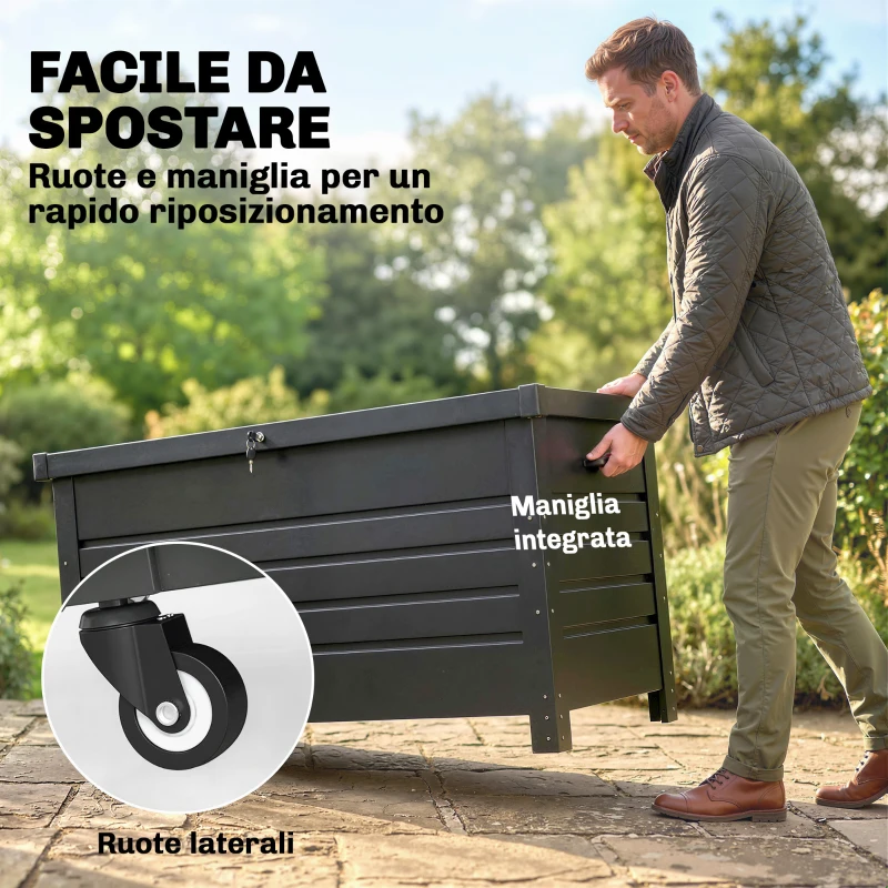 Outsunny Cassa 350L, Box Metallo con Coperchio Bloccabile, Ruote, Maniglie Laterali, Grigio