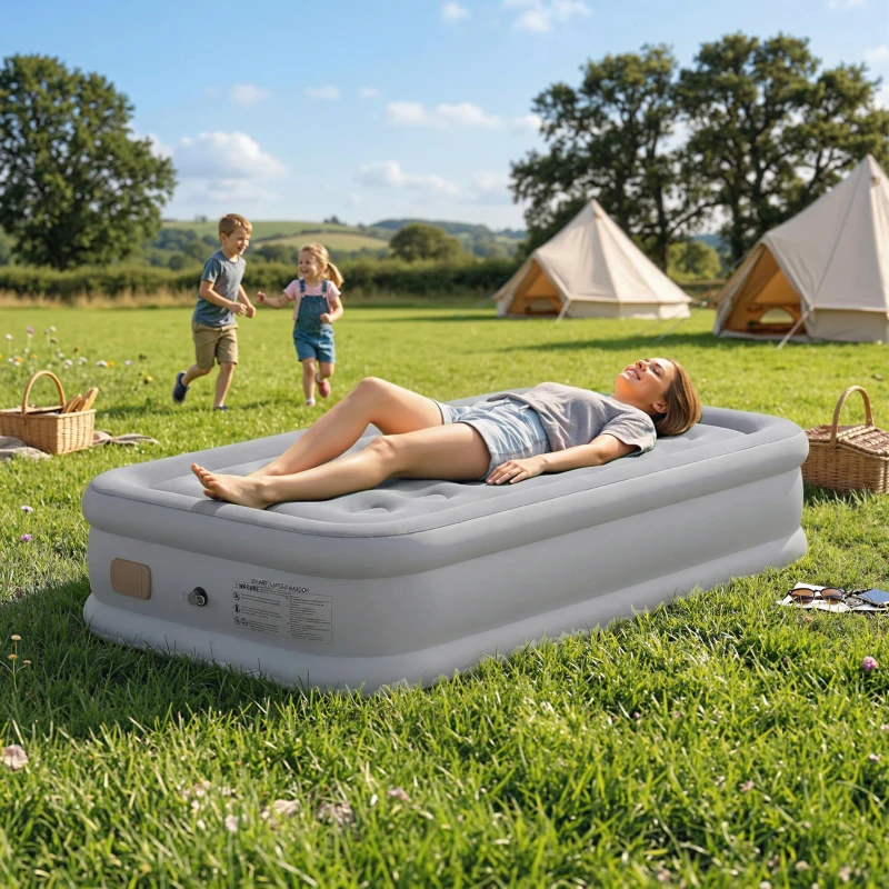 Outsunny Luchtbed 1 Persoon Zelfopblaasbaar Luchtmatras met Geïntegreerde Elektrische Pomp in 3 Minuten Geplucheerde Oppervlakte