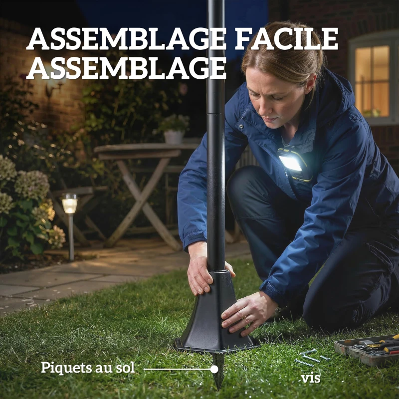 Outsunny Lot de 2 Lampadaires Solaires 1,86 m pour Jardin, Lampes de Rue en Acier Inoxydable à Hauteur Réglable Noir