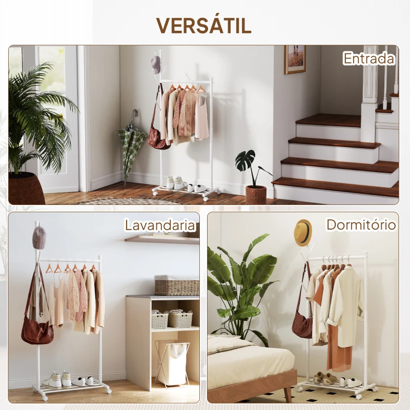 HOMCOM Charriot com Rodas 5 Ganchos Barra para Pendurar e Prateleira Inferior 68x43x171 cm Branco