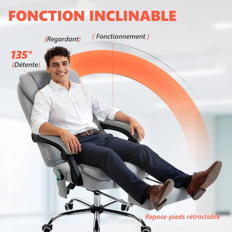 Vinsetto Fauteuil de bureau massant et chauffant, chaise de bureau, hauteur réglable, dossier inclinable, 65x70x111-119cm, gris