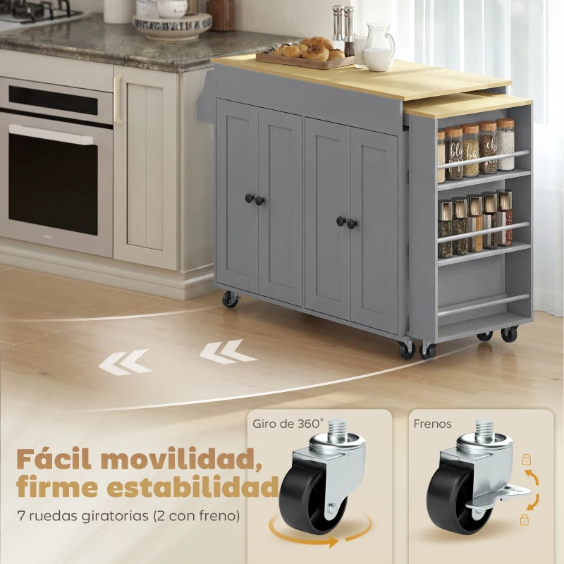 HOMCOM Isla de Cocina con Ruedas Encimera Extensible 4 Puertas Estantes Ajustables Especiero y Soporte para Toallas Gris