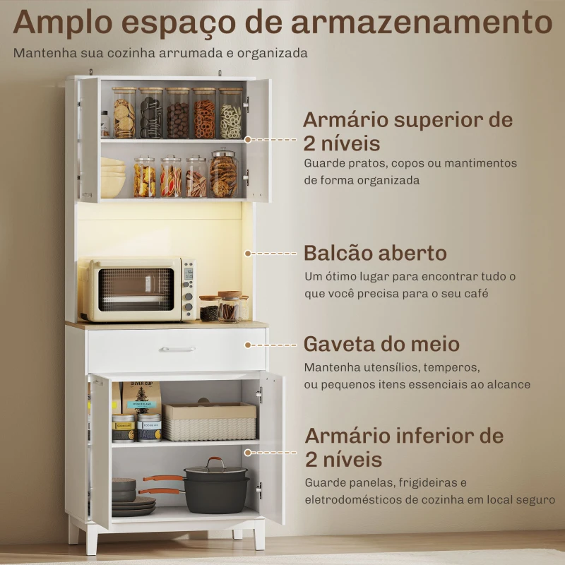 HOMCOM Armário de Cozinha com Luzes LED e Estação de Carregamento Móvel Auxiliar de Cozinha com 4 Portas Gaveta 71x40x180 cm Branco
