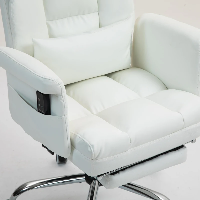 HOMCOM Silla de Oficina con 6 Puntos de Masaje Reposapiés Retráctil Altura Ajustable Control Remoto y Soporte Lumbar 69x65x115 cm Blanco