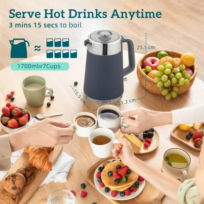 HOMCOM Electric Stainless Steel Kettle and Toaster Set, 3000W 1.7L UK Strix Thermostat Fast Boil Kettle w/ Limescale Filter, Cool Touch Body, 4 Slice Toaster with 7 Browning Levels, Crumb Tray, Grey