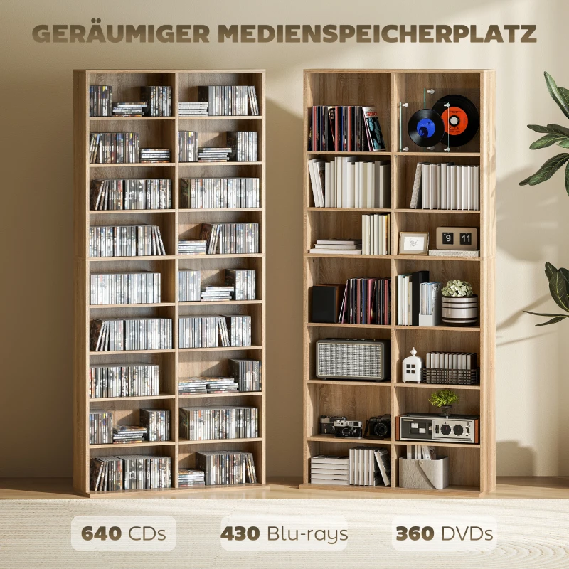 HOMCOM 9-laags dvd-rek met 18 vakken en 14 verstelbare planken, ruimte voor 640 cd's, 360 dvd's of 430 Blu-rays, natuurlijk hout
