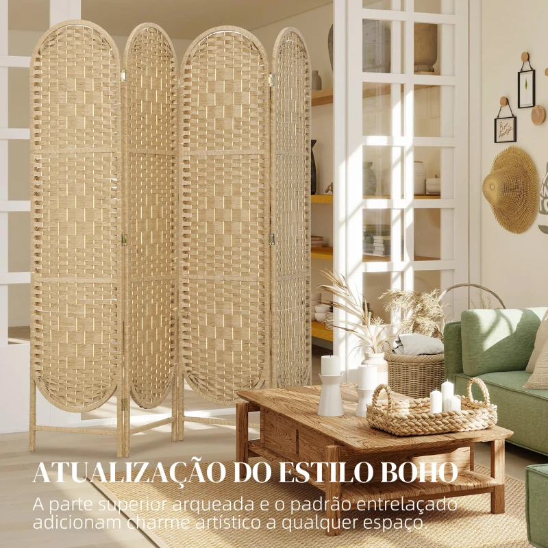 HOMCOM Biombo Separador de 4 Painéis 160x170 cm Painel de Privacidade Dobrável Boémio com Topo Arqueado Entrançado à Mão Madeira