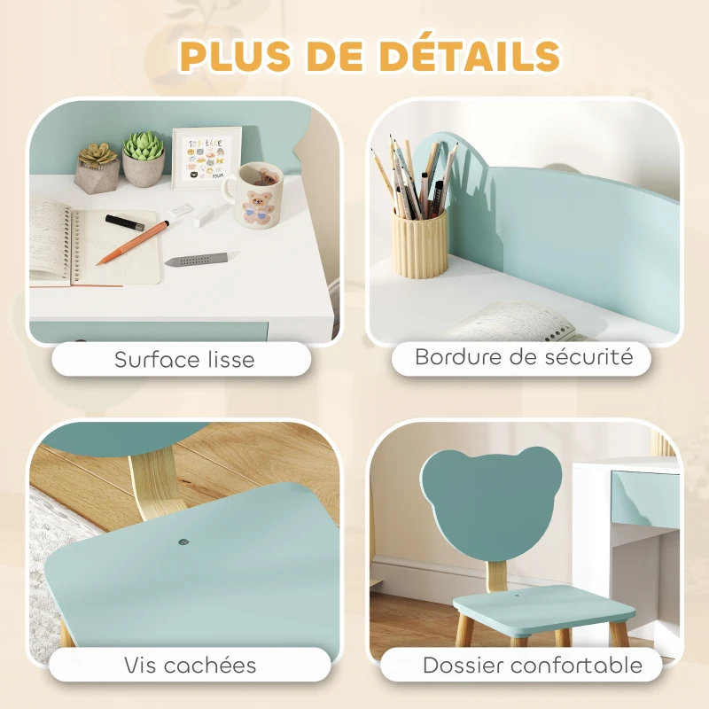 AIYAPLAY Bureau enfant avec chaise, table enfant et chaise avec tiroir et large plateau, 80 x 41 x 74,5 cm, vert