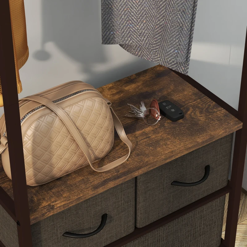 HOMCOM Suporte para Cabides com 3 Gavetas de Tecido Barra para Pendurar e Prateleira para Entrada Quarto 58,5x30x178 cm Castanho Rústico