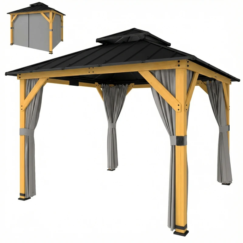 Outsunny 3 x 3 m Outdoor Hardtop Gazebo Canopy with 2-Tier Steel Roof, Wood Garden Gazebo with Curtains, Grey