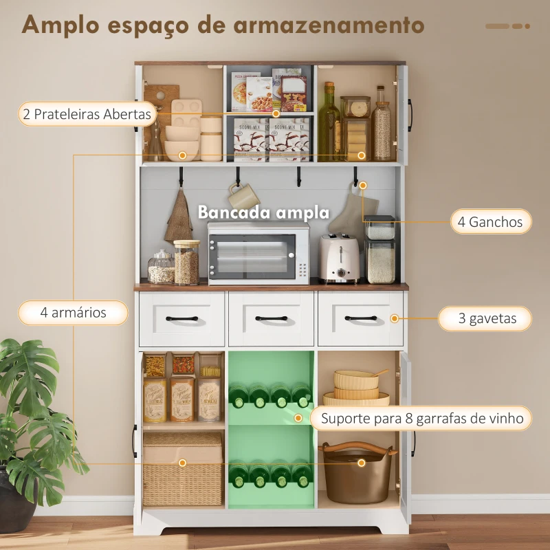 HOMCOM Amário de Cozinha Alto com Suporte para 8 Garrafas 4 Portas 3 Gavetas Prateleiras Abertas100x38x172 cm Branco