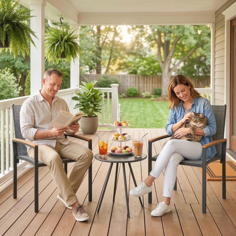 Outsunny Set Bistrò 3 Pezzi: Sedie in Rete e Tavolo, Grigio Misto.