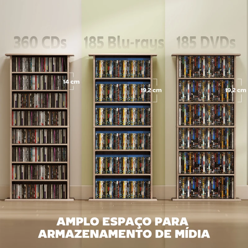 HOMCOM Estante Estreita para CDs e DVDs com 8 Compartimentos e Prateleiras Ajustáveis 58x24x126,3 cm em Madeira