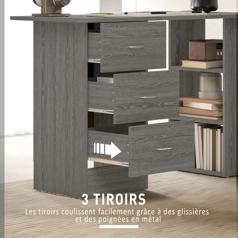 HOMCOM Bureau d'ordinateur réversible, table informatique avec 3 tiroirs et 3 étagères ouvertes, 120 x 49 x 72 cm, gris