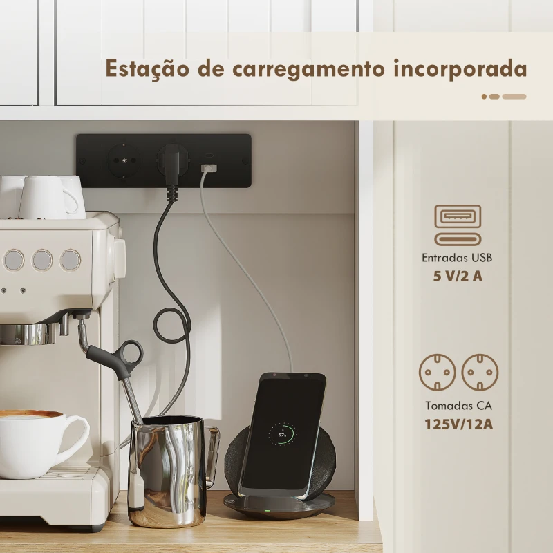 HOMCOM Armário de Cozinha Alto com Estação de Carregamento 6 Portas 1 Gaveta Prateleiras Ajustáveis 4 Prateleiras 100x40x173 cm Branco