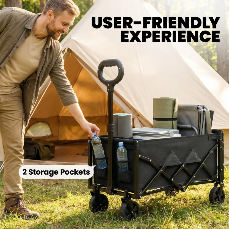 Outsunny 60L Foldable Festival Trolley on Wheels, Collapsible Wagon Cart with Drop-Down Tailgate, Adjustable Handle, Black