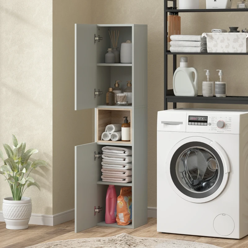 HOMCOM Armario de Baño Alto Estrecha con Estante Abierto y Estantes Ajustables 2 Puertas Acanaladas 30x24x140 cm Verde