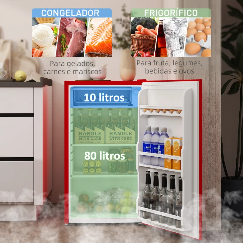 HOMCOM Mini Frigorífico 91L de Capacidade com Prateleira Ajustável Compartimento Congelador Silencioso 41dB 47,5x44,2x84 cm Vermelho