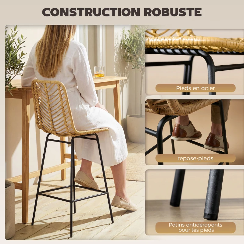 HOMCOM Lot de 2 tabourets de bar design bohème Hauteur 66 cm avec repose-pieds métal et rotin PE - naturel
