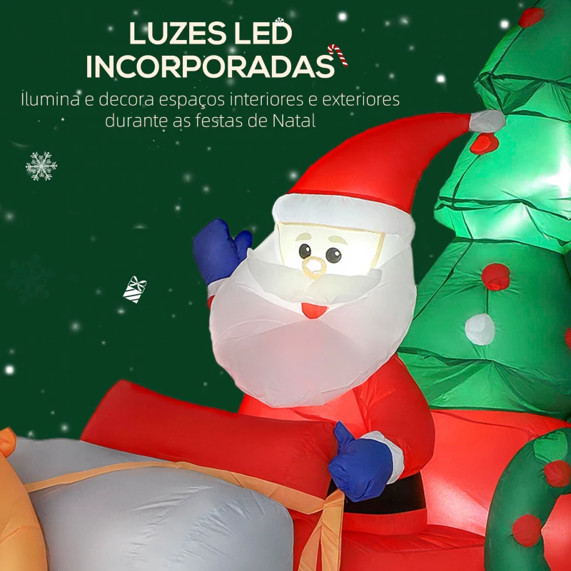 Outsunny Pai Natal Insuflável com Trenó Renas e Árvore de Natal com Luzes LED Decoração de Natal 216x90x150 cm Multicolor